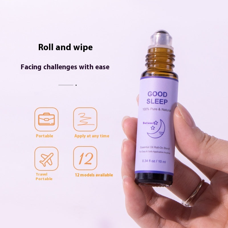 Hand holding a 'Good Sleep' roller bottle with product details on a white background
