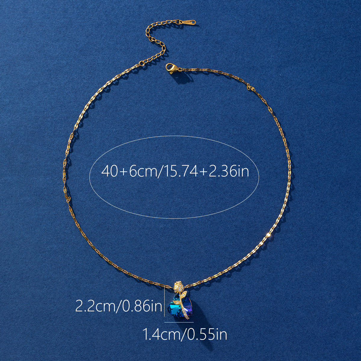 Gold necklace with a blue pendant on a blue background