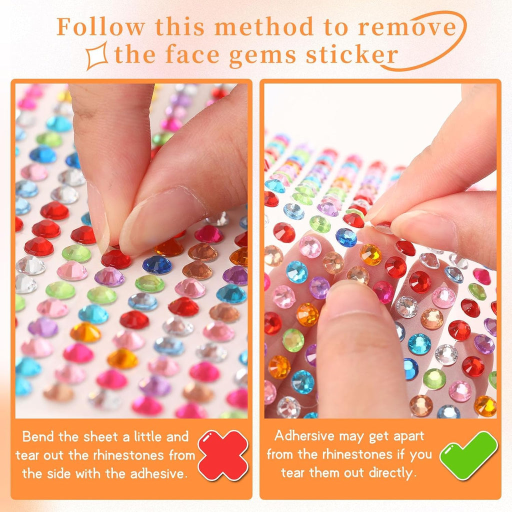 Instructions for removing face gems stickers with a close-up of hands and gemstones.