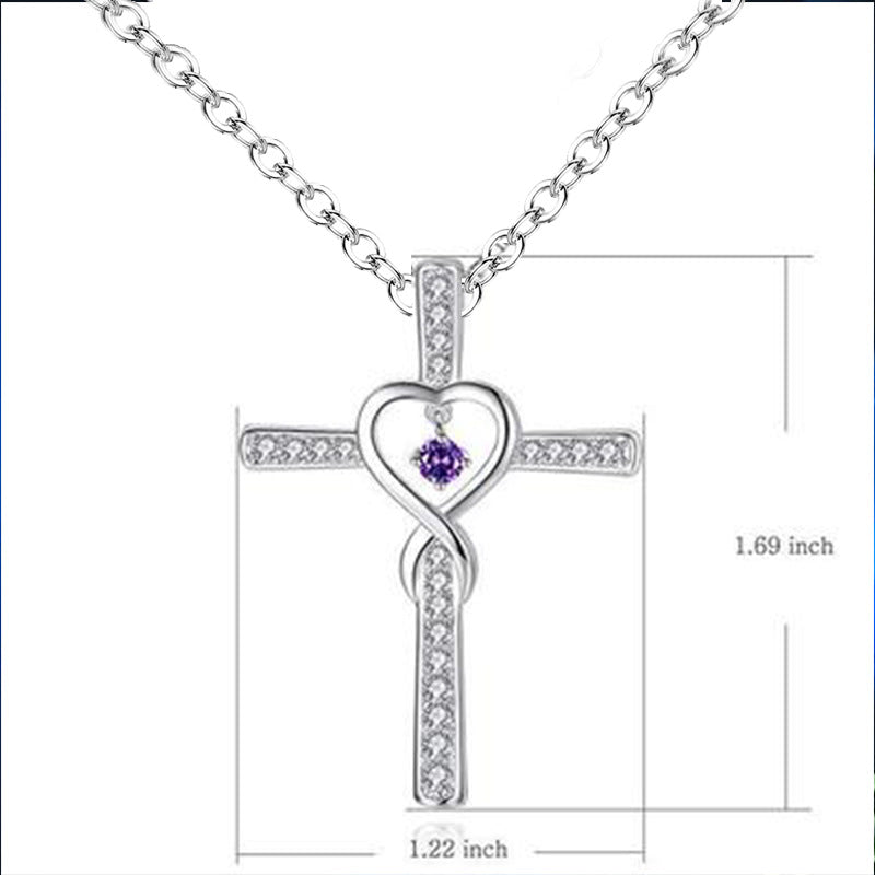 Silver cross pendant with heart design and purple gemstone, shown with measurements on a white background.