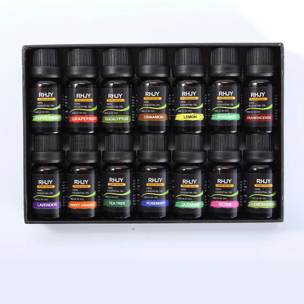 Box of 15 RHJY essential oil bottles on a white background