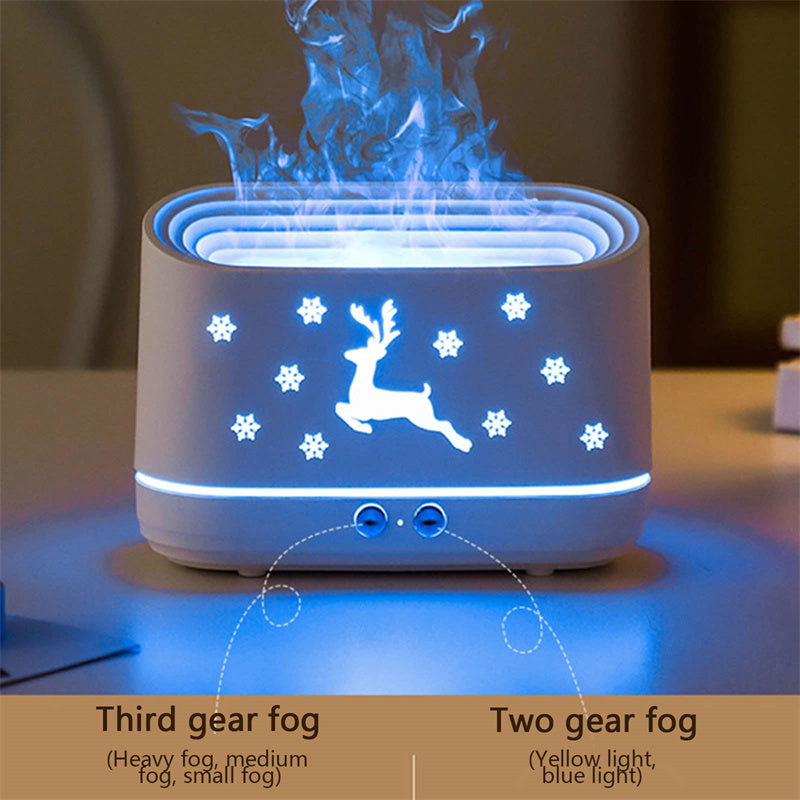 White diffuser with reindeer design and blue fog output on a blurred background