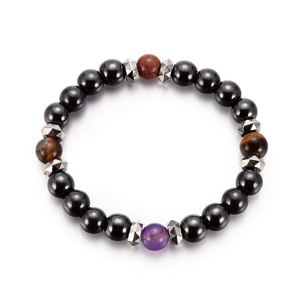 Beaded bracelet with black, brown, and purple beads on a white background
