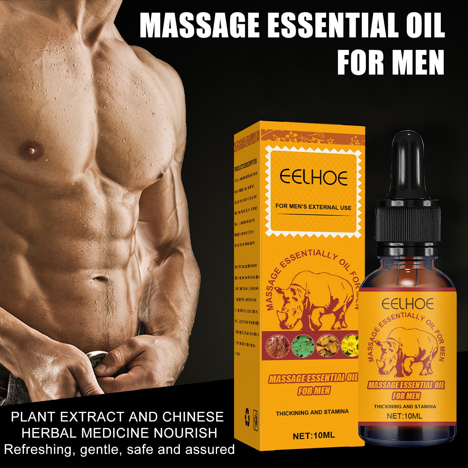 Eelhoe massage essential oil for men with packaging and product on a black background