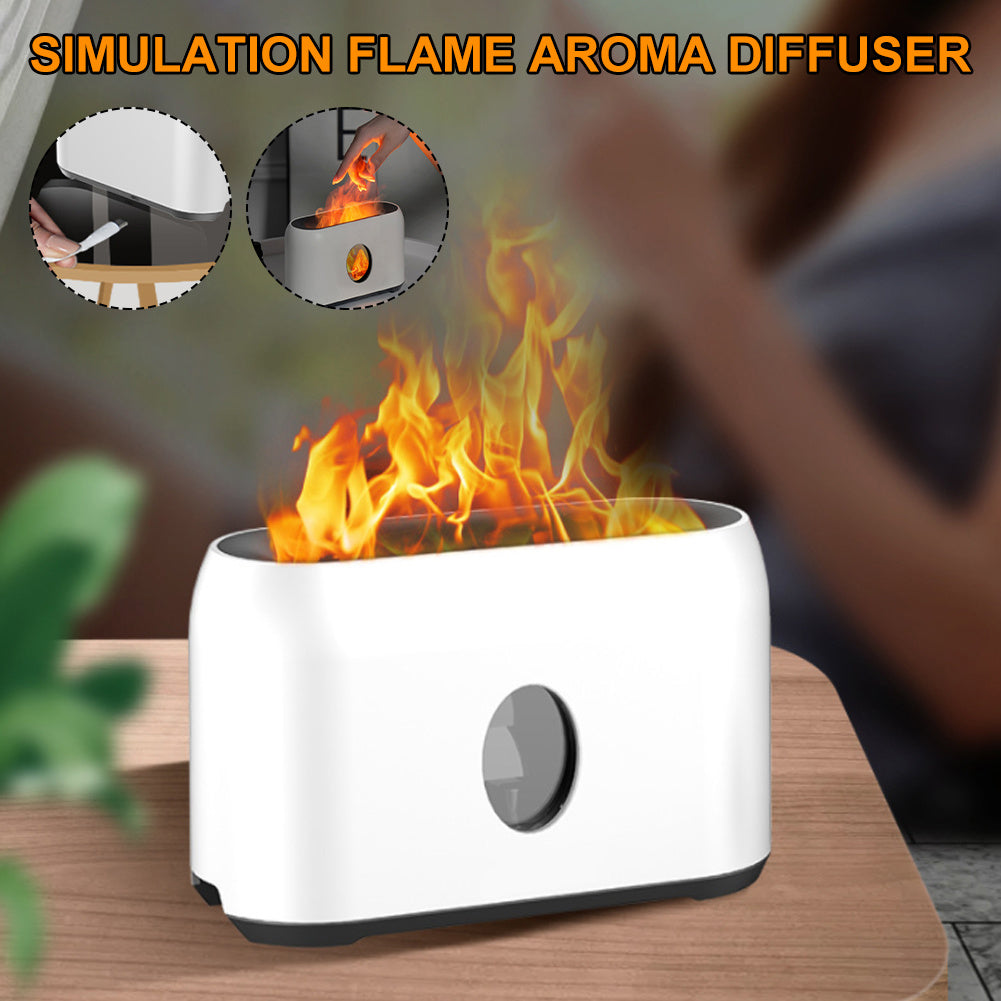 Simulation flame aroma diffuser on a wooden surface with flames and a blurred background