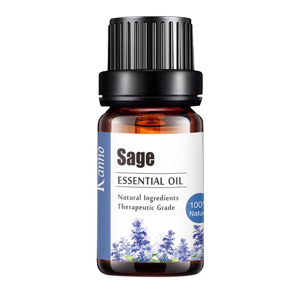Sage essential oil bottle with a white label on a white background