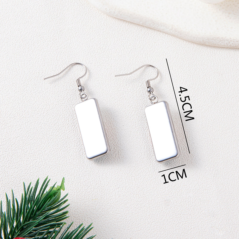 Silver rectangular earrings on a white background with measurements indicated.
