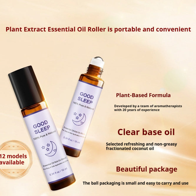 Two 'Good Sleep' essential oil roller bottles with product details on a beige background