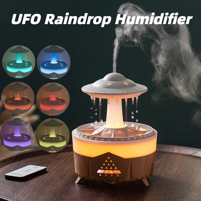 UFO raindrop humidifier with colorful light display on a dark background