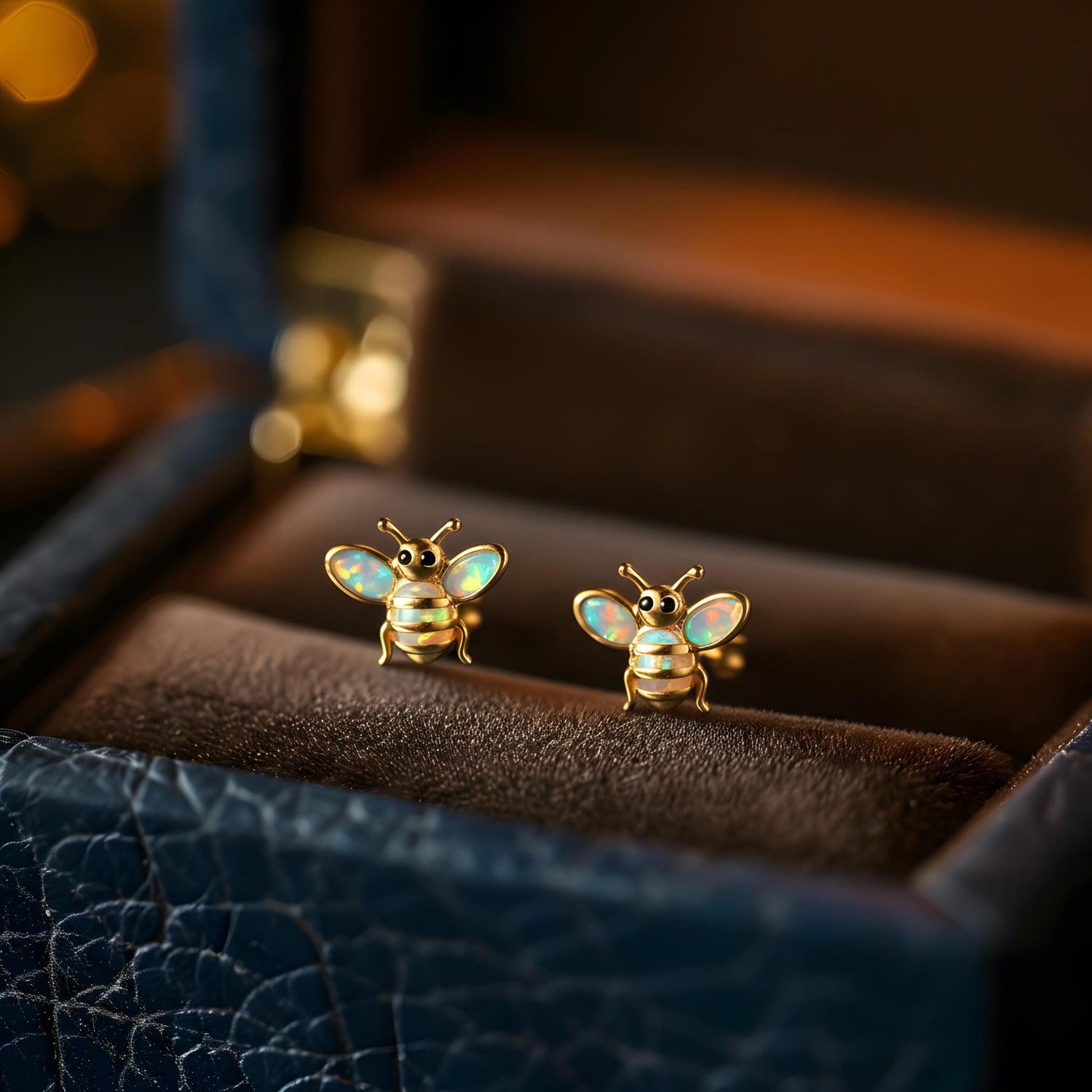 Gold bee-shaped earrings in a jewelry box with a blurred background