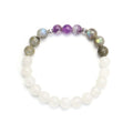 Beaded bracelet with white, purple, and gray beads on a white background