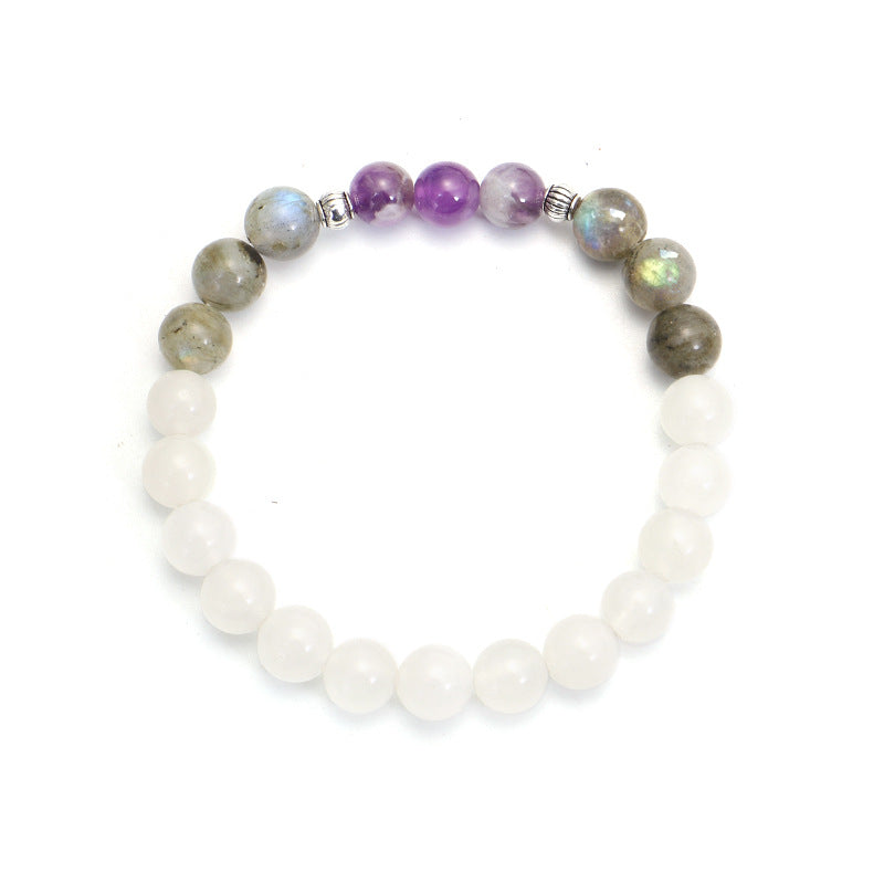 Beaded bracelet with white, purple, and gray beads on a white background