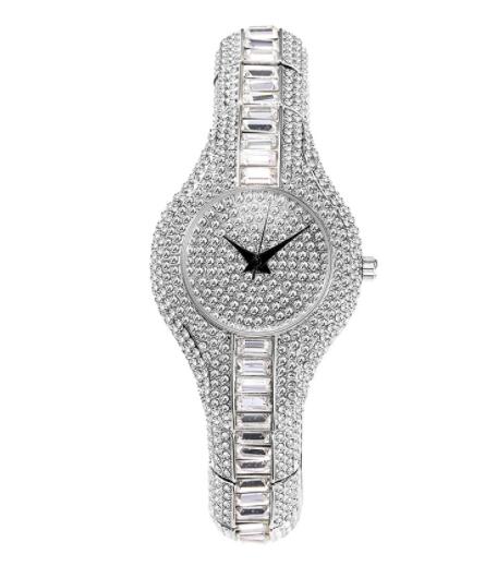 Silver watch with diamond accents on a white background
