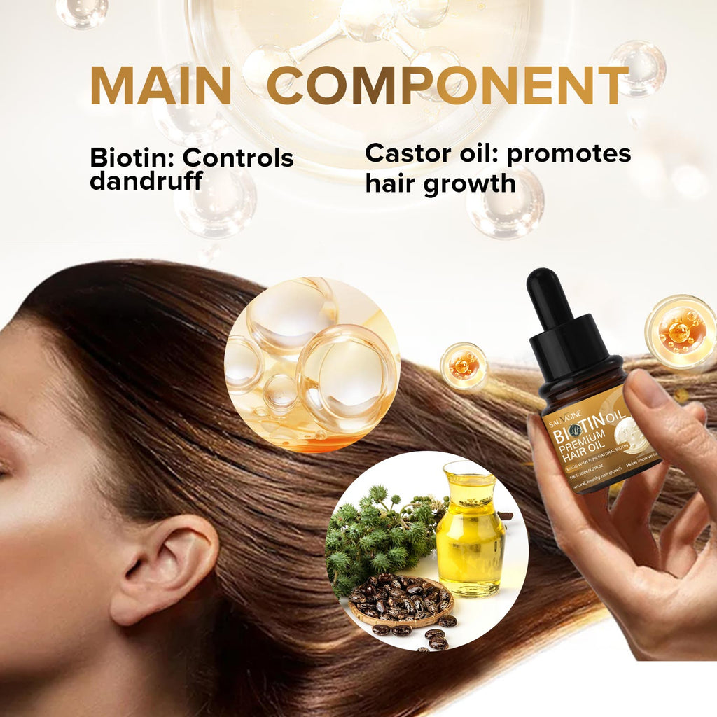 Hair oil product with biotin and castor oil components, shown on hair and held by a hand.