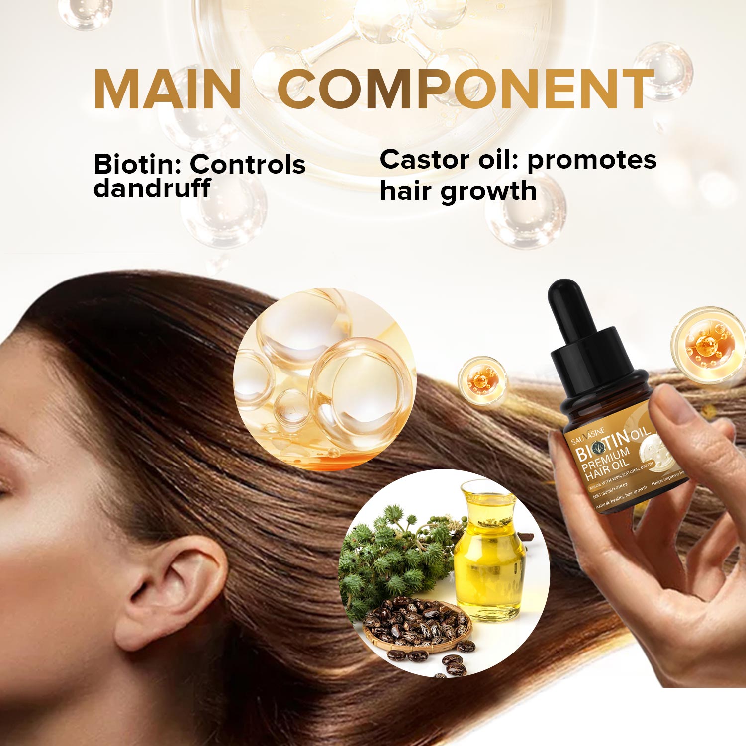 Hair oil product with biotin and castor oil components, shown on hair and held by a hand.
