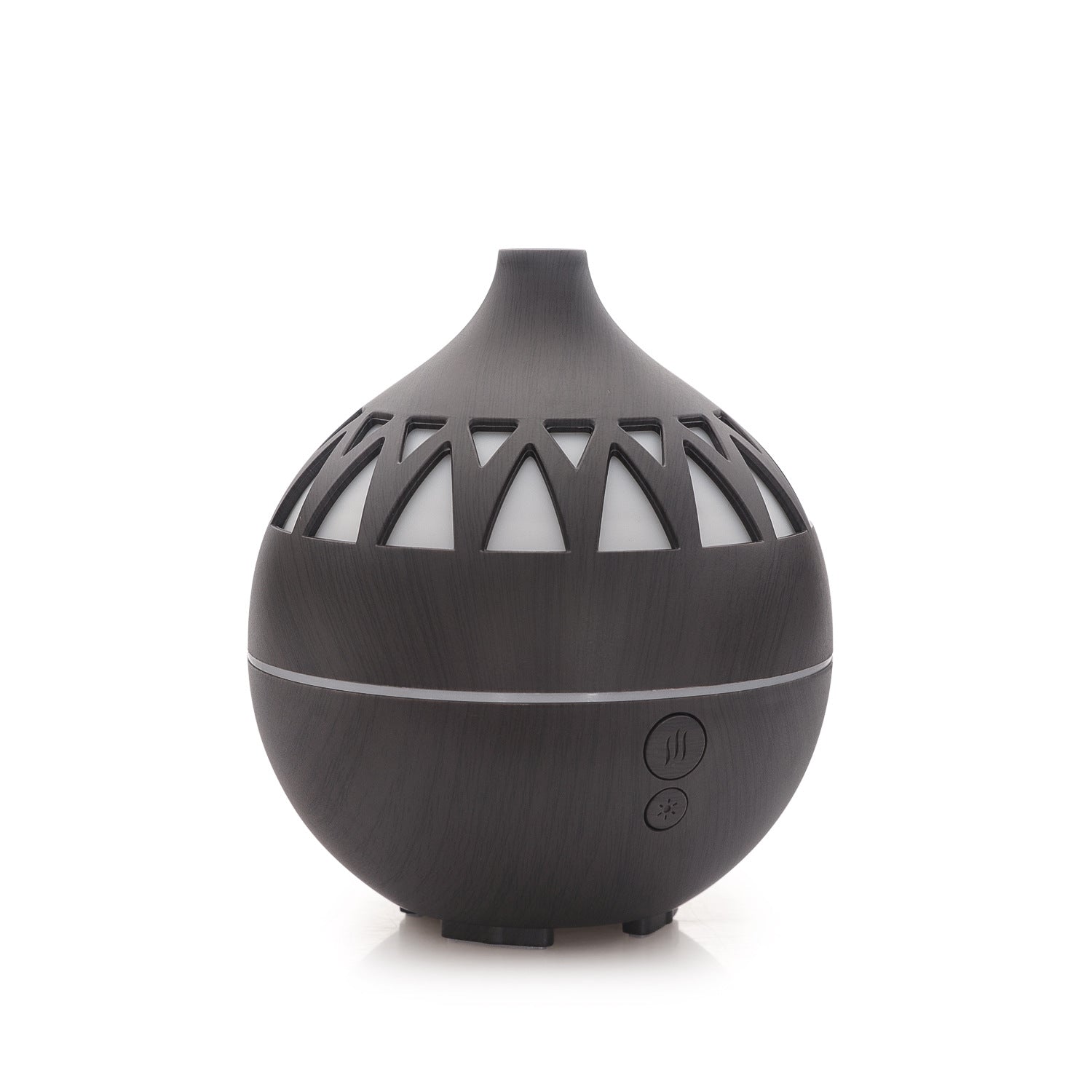 Black essential oil diffuser with geometric design on a white background