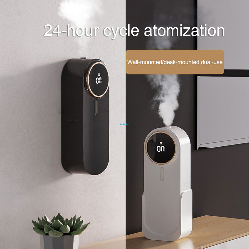 Wall-mounted and desk-mounted atomization device with steam emission, labeled '24-hour cycle atomization'.