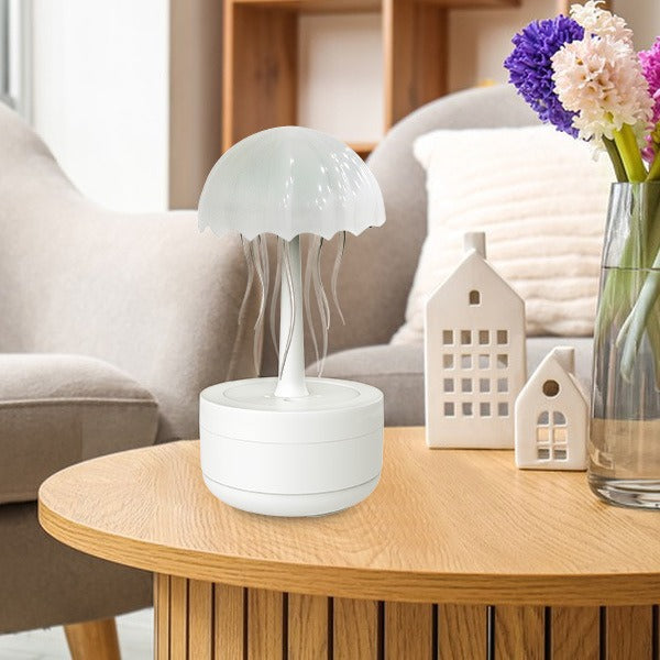 White jellyfish-shaped lamp on a wooden table with decorative items in a living room setting.