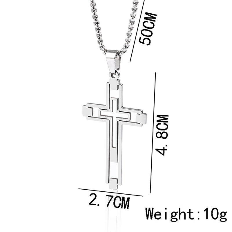 Silver cross necklace with measurements on a white background