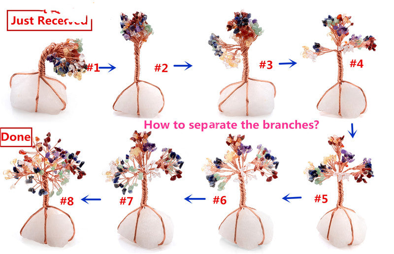 Step-by-step guide on how to separate branches of a decorative item with labeled arrows and text.