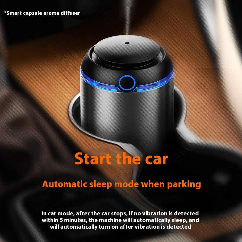 Smart capsule aroma diffuser in a car with text about automatic sleep mode and vibration detection.