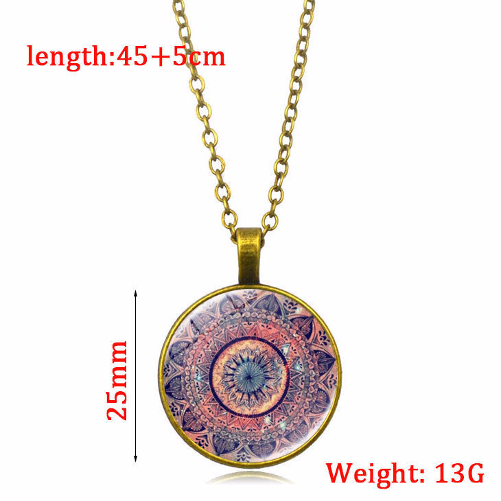 Necklace with a circular pendant featuring a mandala design, shown with measurements and weight information.