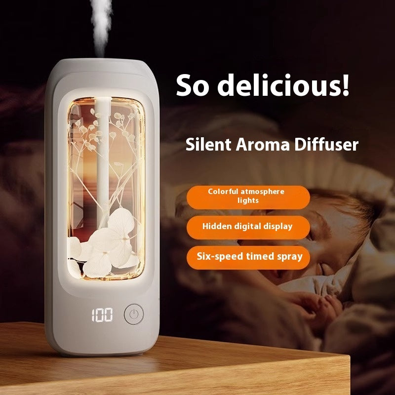 Silent Aroma Diffuser with colorful lights and digital display on a wooden surface.