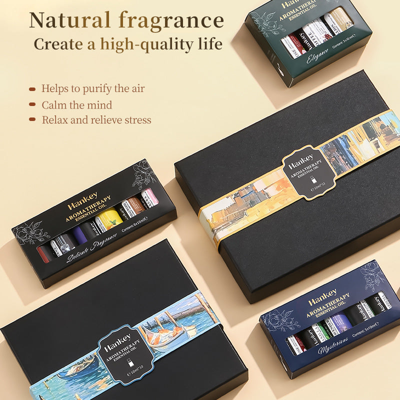Hankey Aromatherapy essential oil boxes on a beige background with text about natural fragrance benefits.