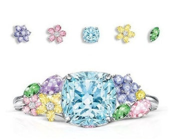 Colorful gemstone ring with smaller gemstones on a white background