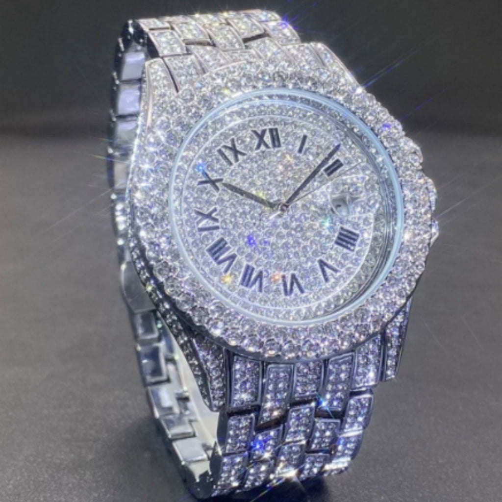 Luxury diamond-encrusted watch on a dark background