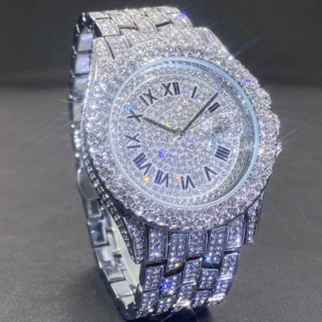 Luxury diamond-encrusted watch on a dark background