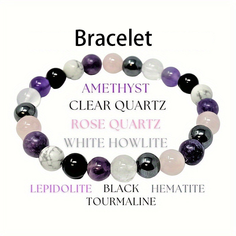 Multicolored beaded bracelet with stone names on a white background