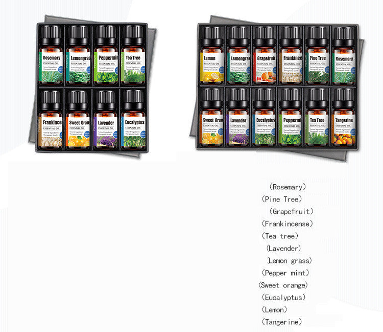 Set of essential oil bottles in a display case with labels on a white background.
