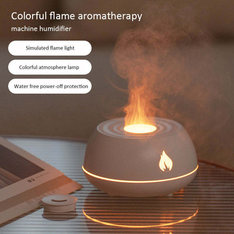Colorful flame aromatherapy machine humidifier on a table with text describing its features.