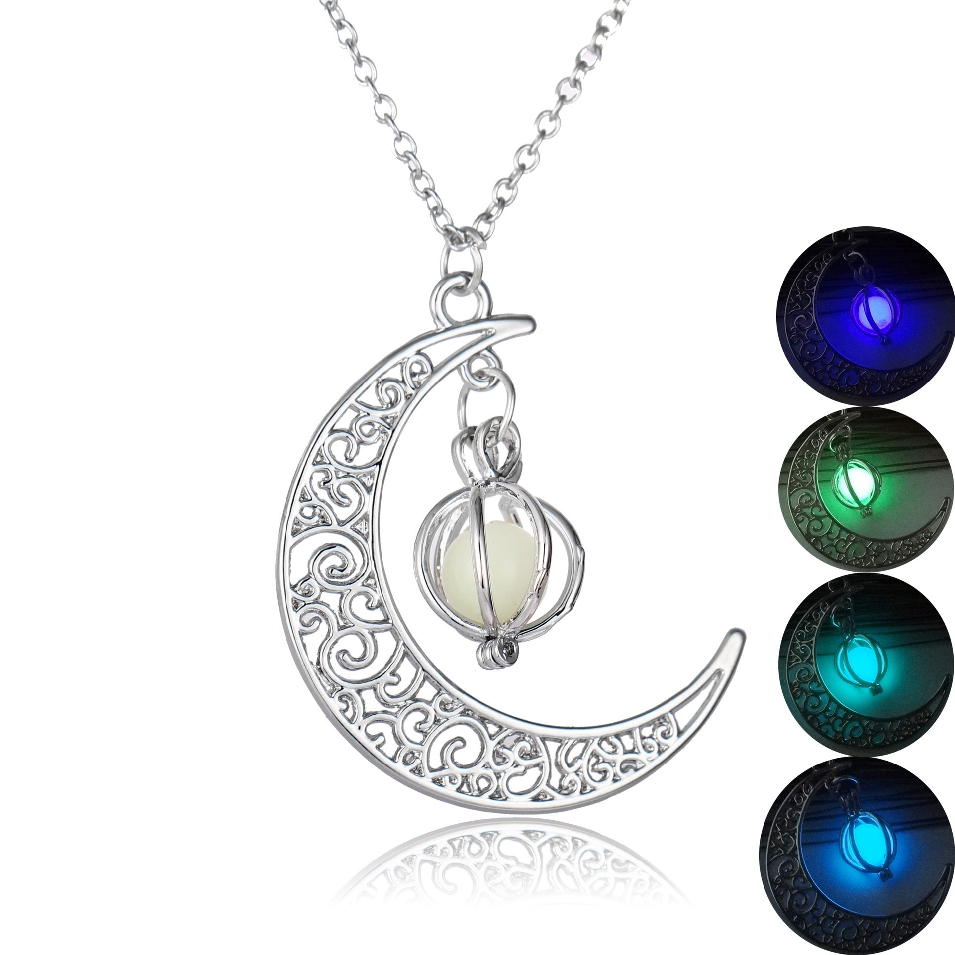 Silver crescent moon necklace with embedded lights on a white background