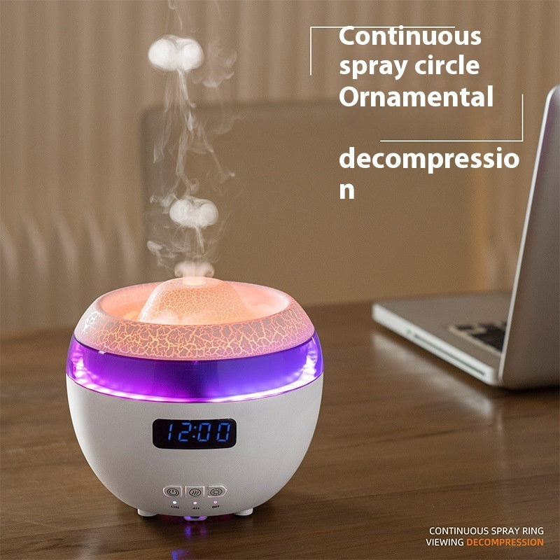 White and purple diffuser with digital clock on a wooden surface, surrounded by steam, with text about continuous spray circle and decompression.