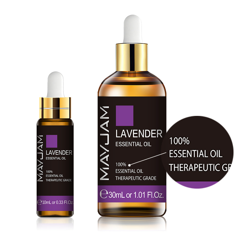 Two bottles of MayJam Lavender Essential Oil on a white background