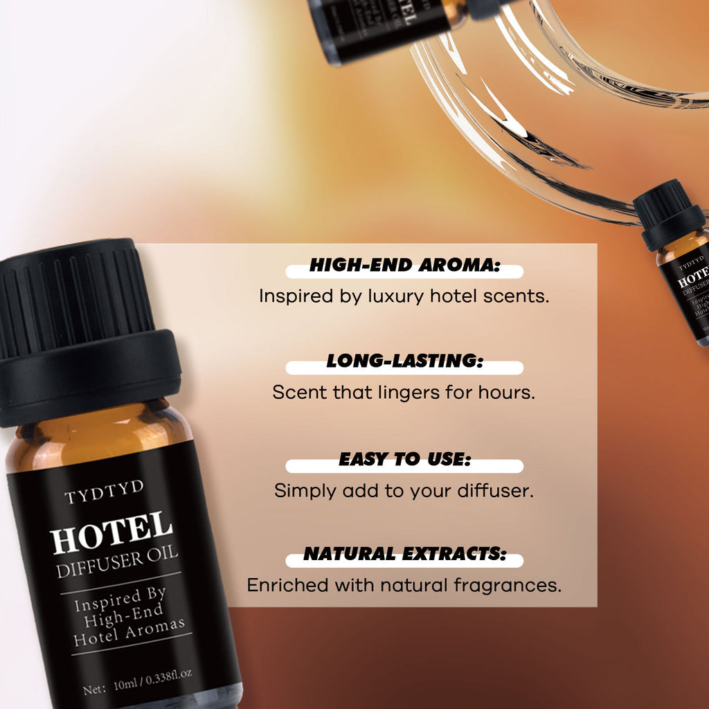 Tydtyd Hotel diffuser oil bottle with product features on a gradient background