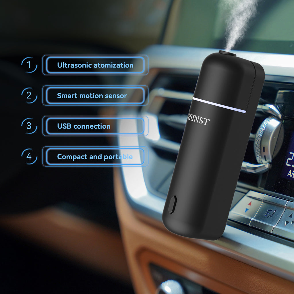 Black car humidifier with features listed on a car dashboard