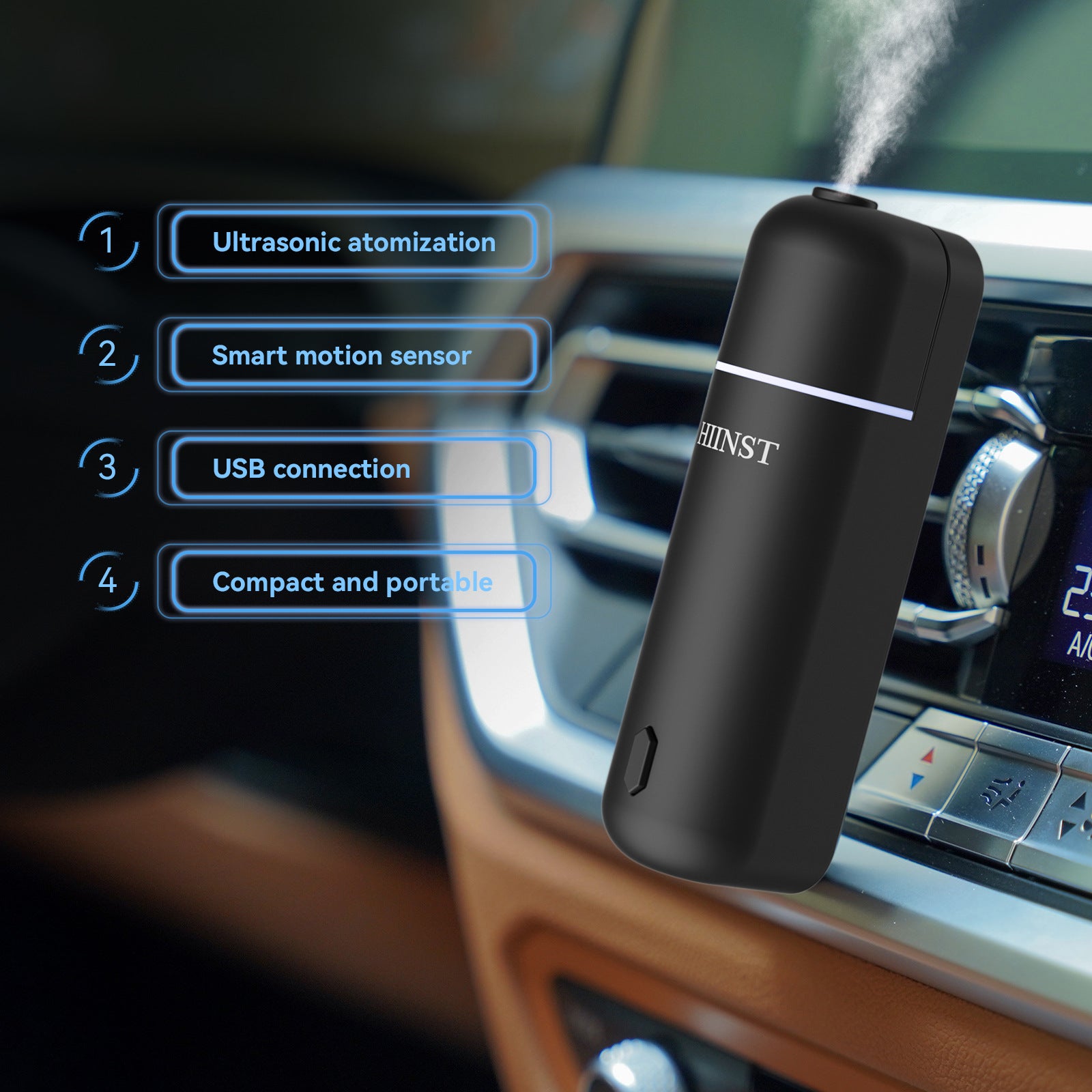 Black car humidifier with features listed on a car dashboard