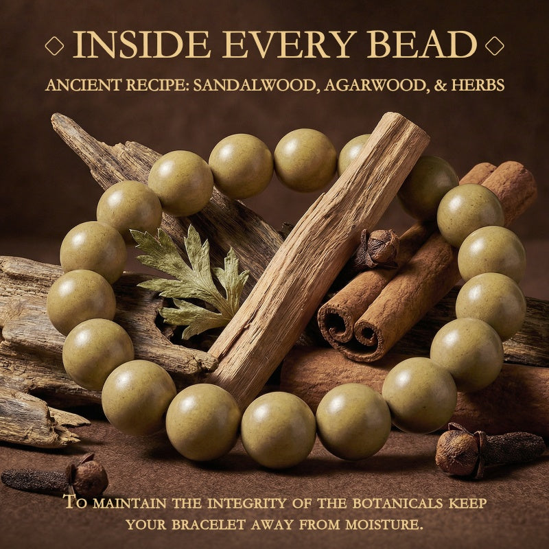 Bracelet with sandalwood, agarwood, and herbs on a brown background with text about ingredients and care.