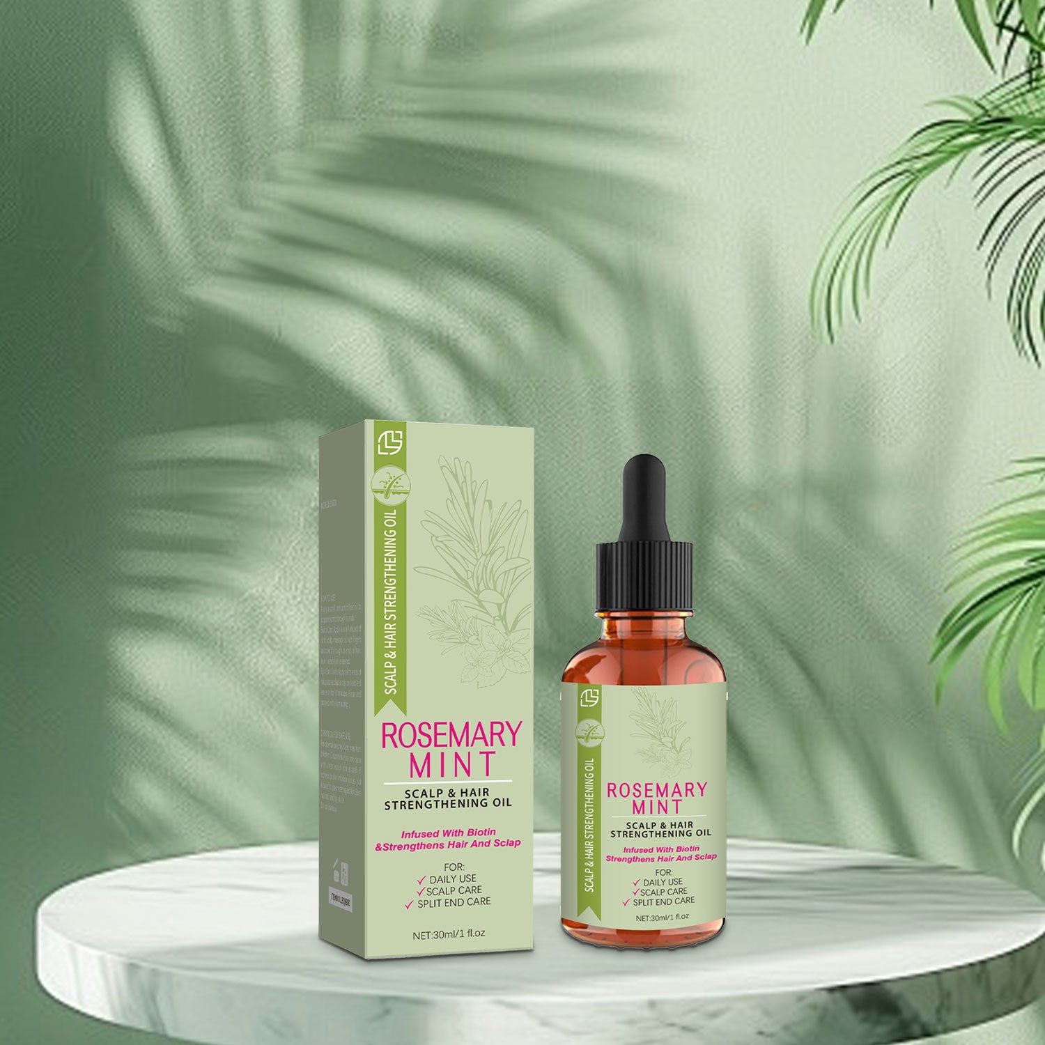 Rosemary Mint scalp and hair strengthening oil with packaging on a green leafy background
