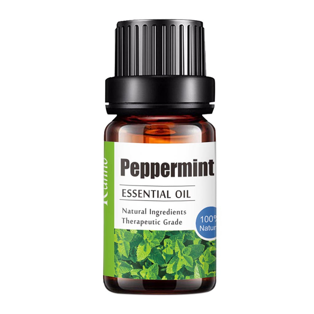 Peppermint essential oil bottle with a white label on a white background