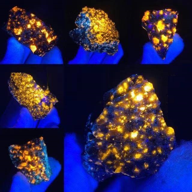 Mineral specimen under UV light showing glowing yellow and blue patterns