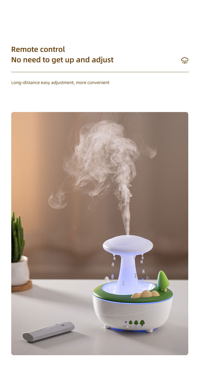 Humidifier emitting mist with a remote control on a table, against a neutral background.