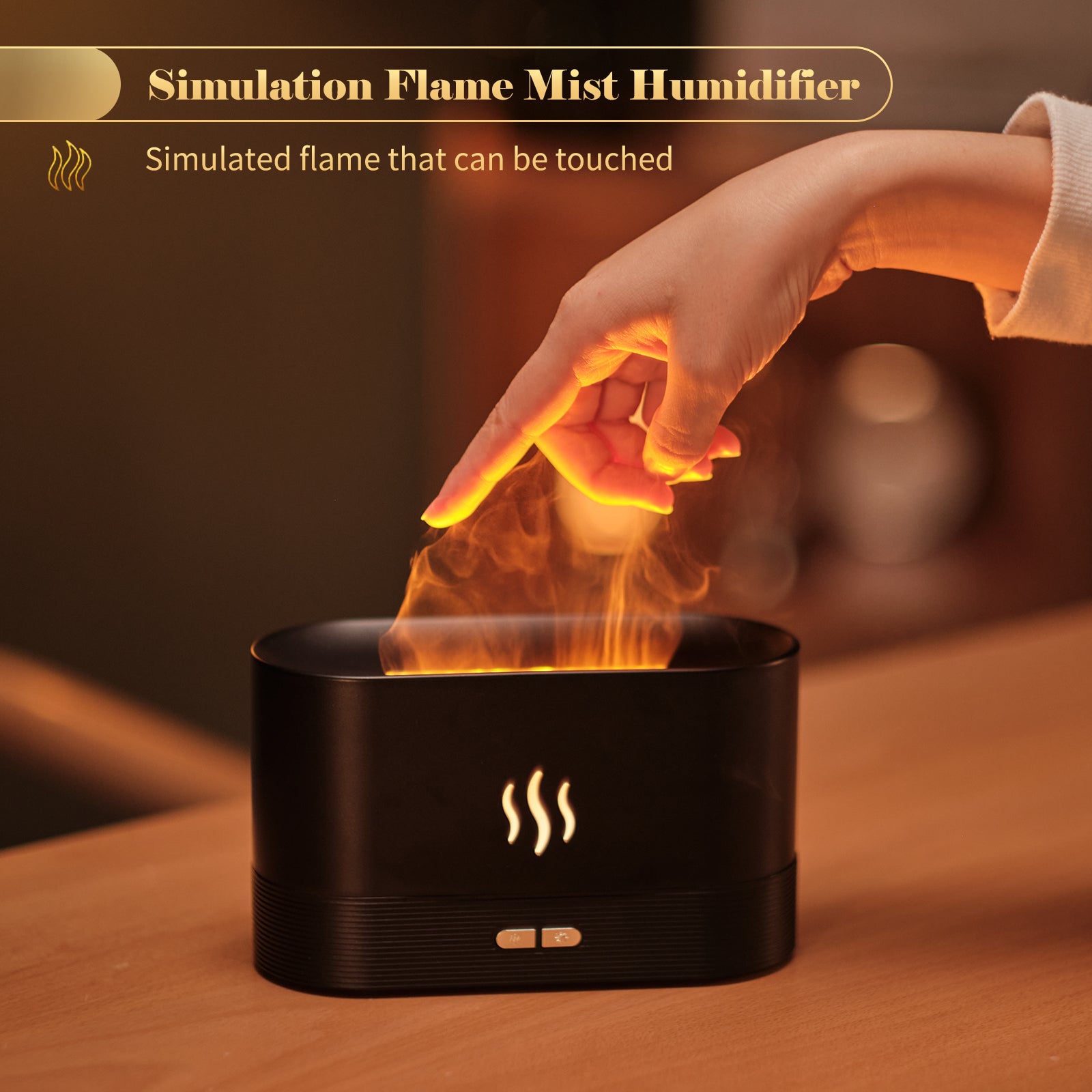 Simulation flame mist humidifier with a hand touching the flame-like mist on a wooden surface.