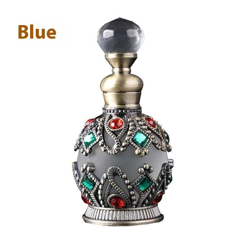 Decorative bottle with gemstone accents on a white background