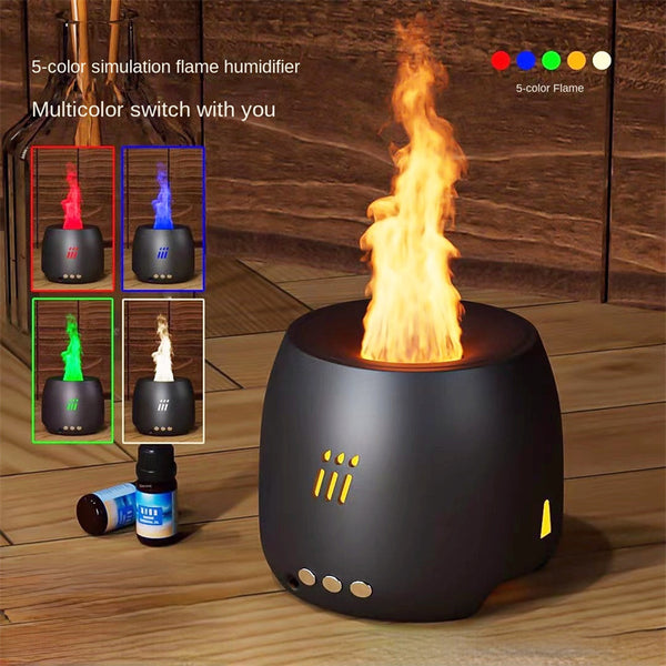 Black flame humidifier with colorful simulation flames on a wooden surface