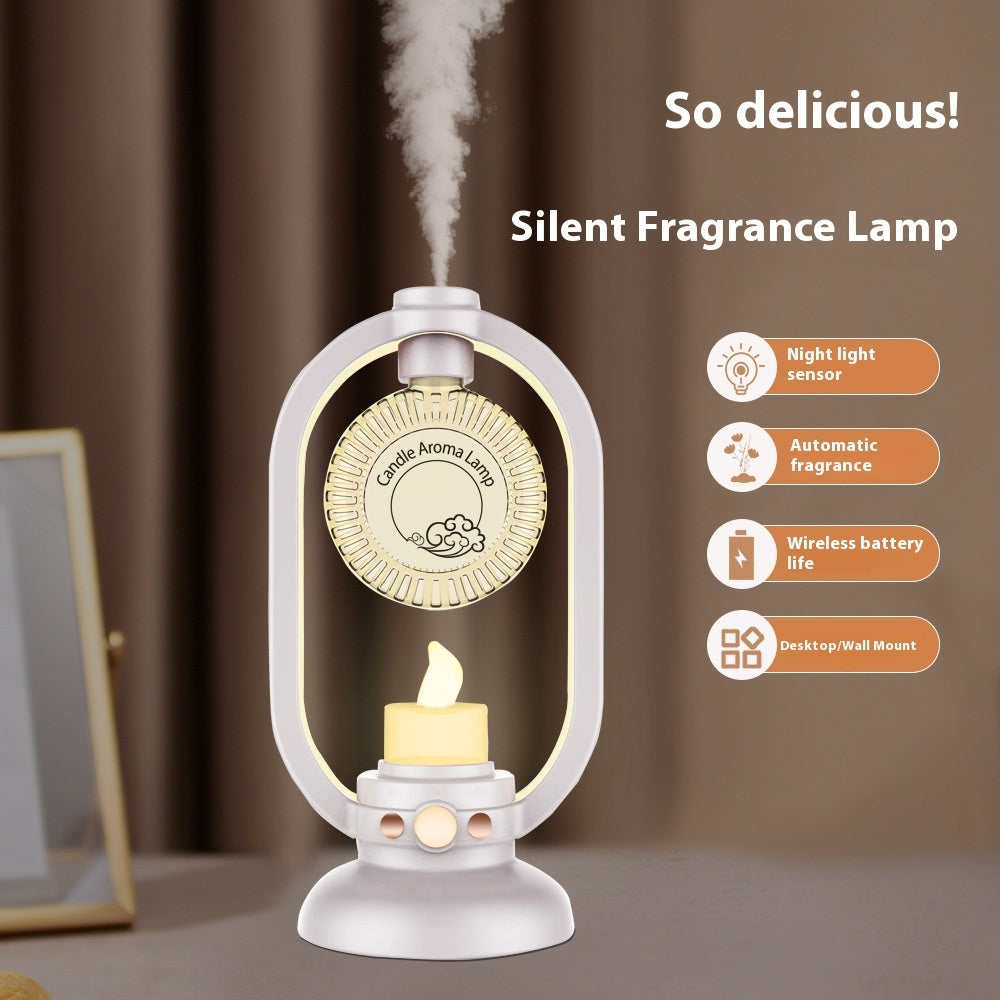 Silent fragrance lamp with candle and steam, featuring product features on a neutral background.