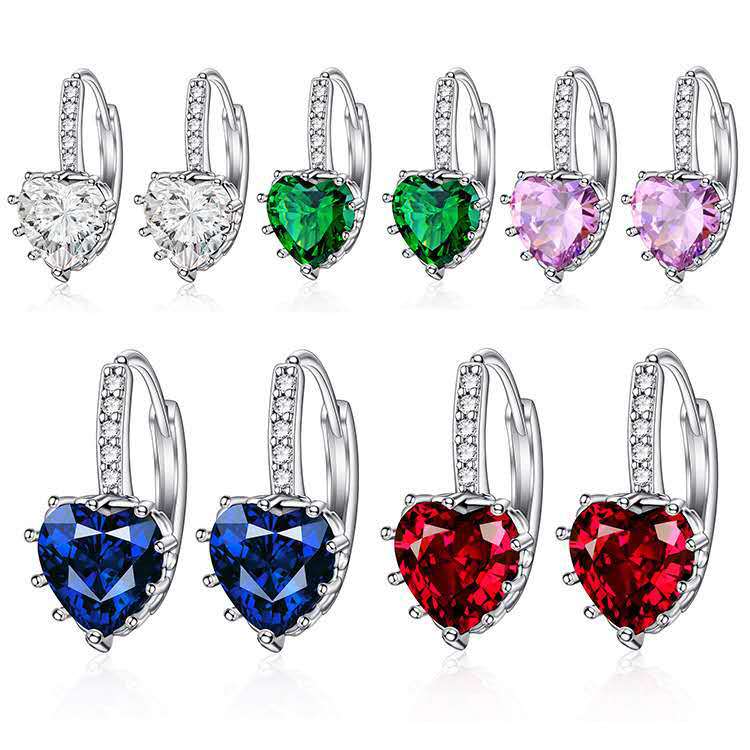 Set of heart-shaped gemstone hoop earrings in various colors on a white background